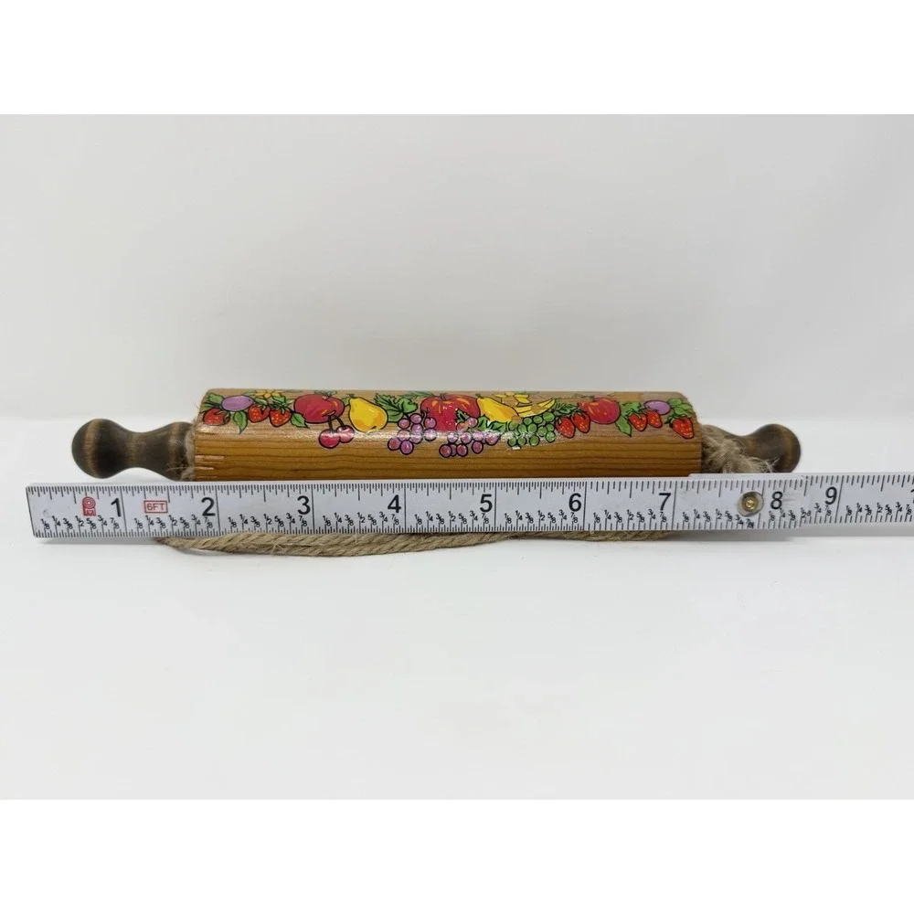 Vintage Wooden Rolling Pin Recipe Card Holder Fruit Design Kitchen Decor